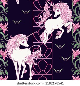 Seamless pattern, background with unicorn and vintage, fantsatic flowers In art nouveau style, vintage, old, retro style. Vector illustration. On black background.
