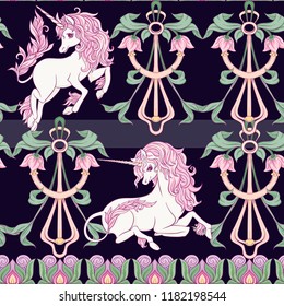 Seamless pattern, background with unicorn and vintage, fantsatic flowers In art nouveau style, vintage, old, retro style. Vector illustration. On black background.