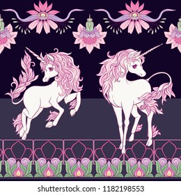 Seamless pattern, background with unicorn and vintage, fantsatic flowers In art nouveau style, vintage, old, retro style. Vector illustration. On black background.