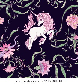 Seamless pattern, background with unicorn and vintage, fantsatic flowers In art nouveau style, vintage, old, retro style. Vector illustration. On black background.