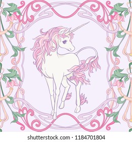 Seamless pattern, background with unicorn and vintage, fantsatic flowers In art nouveau style, vintage, old, retro style. Vector illustration. On soft ultraviolet background.