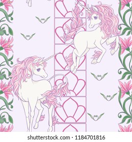 Seamless pattern, background with unicorn and vintage, fantsatic flowers In art nouveau style, vintage, old, retro style. Vector illustration. On soft ultraviolet background.
