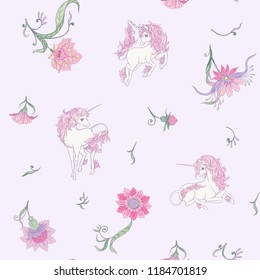 Seamless pattern, background with unicorn and vintage, fantsatic flowers In art nouveau style, vintage, old, retro style. Vector illustration. On soft ultraviolet background.