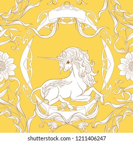 Seamless pattern, background with unicorn and vintage, fantsatic flowers In art nouveau style, vintage, old, retro style. Vector illustration. In vintage yellow and beige colors.