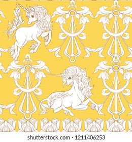 Seamless pattern, background with unicorn and vintage, fantsatic flowers In art nouveau style, vintage, old, retro style. Vector illustration. In vintage yellow and beige colors.