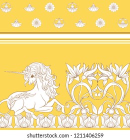 Seamless pattern, background with unicorn and vintage, fantsatic flowers In art nouveau style, vintage, old, retro style. Vector illustration. In vintage yellow and beige colors.