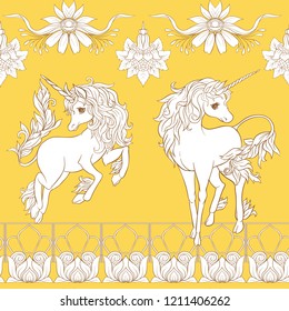 Seamless pattern, background with unicorn and vintage, fantsatic flowers In art nouveau style, vintage, old, retro style. Vector illustration. In vintage yellow and beige colors.