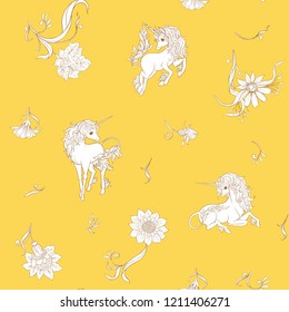 Seamless pattern, background with unicorn and vintage, fantsatic flowers In art nouveau style, vintage, old, retro style. Vector illustration. In vintage yellow and beige colors.