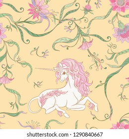 Seamless pattern, background with unicorn and vintage, fantsatic flowers In art nouveau style, vintage, old, retro style. Vector illustration. On yellow background.