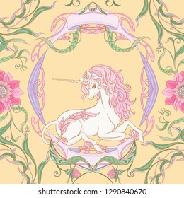 Seamless pattern, background with unicorn and vintage, fantsatic flowers In art nouveau style, vintage, old, retro style. Vector illustration. On yellow background.