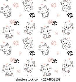 seamless pattern background ute happy smile kitten cat sitting cartoon doodle hand drawing isolated on white background