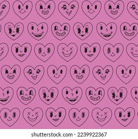 Seamless pattern background with Valentine hearts mascot characters. Different retro vintage face expressions. old cartoon comics groovy heart print. Backdrop with contour drawing doodle. Vector