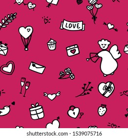 Seamless pattern background with Valentine's day signs and symbols. Cute doodle icons set. Vector Wallpaper on the Valentine's day