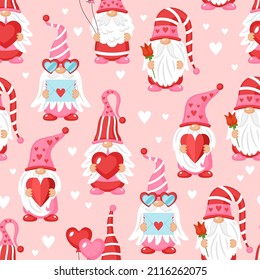 Seamless pattern background for Valentines day holiday  with cute gnome character. Template for wrapping paper, party invitations and cards.