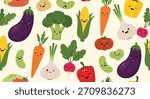 Seamless pattern background with a variety of adorable kawaii-style vegetables like broccoli, corn, and carrots with cute smiling faces.