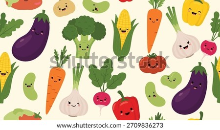 Seamless pattern background with a variety of adorable kawaii-style vegetables like broccoli, corn, and carrots with cute smiling faces.