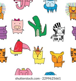 Seamless pattern background of variety animal collection in doodle art style on white background for kid or nursery