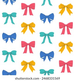  Seamless Pattern, background of various colorful Bow knots, tie ups, gift bows. Wedding celebration, holiday, party decoration, gift, present concept