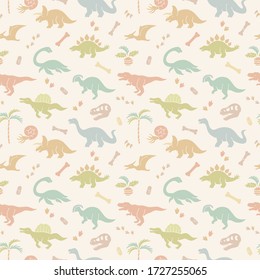 Seamless pattern background of various dinosaurs and dinosaur bones, eggs, footprints
