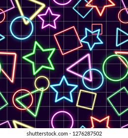 Seamless pattern background with various geometric shapes. Stars, triangles, circles and squares neon design. Vector illustration.