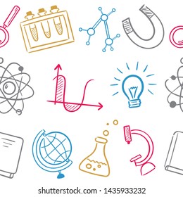 Seamless pattern background. Vector hand drawn doodle cartoon set of Science theme items, objects and symbols for design on paper, fabric, invitations.