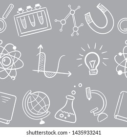 Seamless pattern background. Vector hand drawn doodle cartoon set of Science theme items, objects and symbols for design on paper, fabric, invitations.