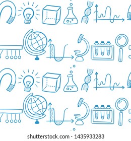 Seamless pattern background. Vector hand drawn doodle cartoon set of Science theme items, objects and symbols for design on paper, fabric, invitations.