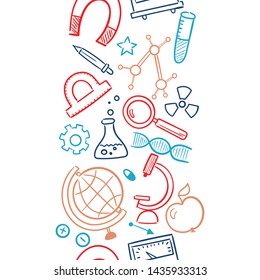 Seamless pattern background. Vector hand drawn doodle cartoon set of Science theme items, objects and symbols for design on paper, fabric, invitations.