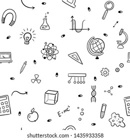 Seamless pattern background. Vector hand drawn doodle cartoon set of Science theme items, objects and symbols for design on paper, fabric, invitations.