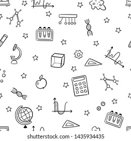 Seamless pattern background. Vector hand drawn doodle cartoon set of Science theme items, objects and symbols for design on paper, fabric, invitations. 