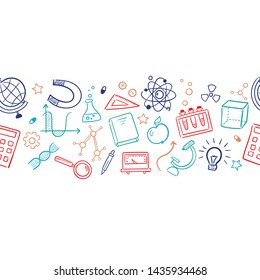 Seamless pattern background. Vector hand drawn doodle cartoon set of Science theme items, objects and symbols for design on paper, fabric, invitations. 