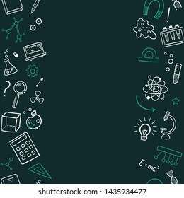 Seamless pattern background. Vector hand drawn doodle cartoon set of Science theme items, objects and symbols for design on paper, fabric, invitations. 