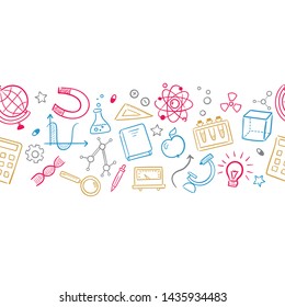 Seamless pattern background. Vector hand drawn doodle cartoon set of Science theme items, objects and symbols for design on paper, fabric, invitations. 