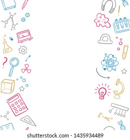 Seamless pattern background. Vector hand drawn doodle cartoon set of Science theme items, objects and symbols for design on paper, fabric, invitations. 