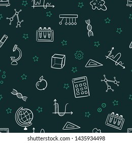 Seamless pattern background. Vector hand drawn doodle cartoon set of Science theme items, objects and symbols for design on paper, fabric, invitations. 