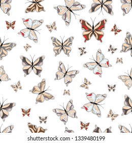 Seamless pattern background. Vector illustration. Perfect for surface textures, wallpapers, web page backgrounds, textile. Colorful cute butterfly. Pictures in beige, gray and white colors.
