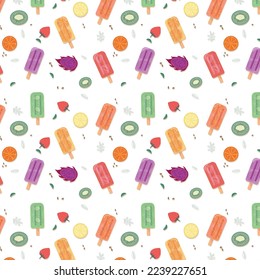 Seamless pattern background of vector illustration fresh fruit and ice cream collection on white background
