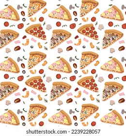 Seamless pattern background of vector illustration pizza piece collection with ingredients on white background