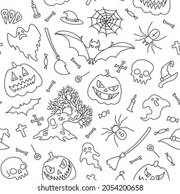 Seamless pattern, background Vector illustration,outline drawings halloween party elements. Set of icons in cartoon style.