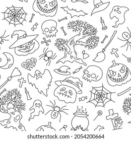 Seamless pattern, background Vector illustration,outline drawings halloween party elements. Set of icons in cartoon style.
