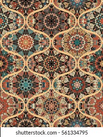 Seamless Pattern Background. Vector vintage design. Stylized flower mandala elements. Boho ogee tile. Brown blue decorative ornament. Traditional oriental interior fabric print, wallpaper, floor decor