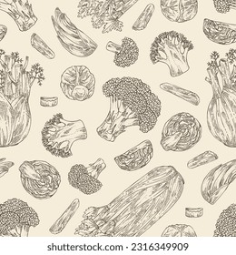 Seamless pattern background with vegetables: broccoli, fennel, celery, apium graveolens, brussels sprouts. Vector hand drawn illustration.