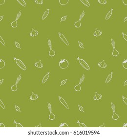 Seamless pattern background with vegetables and fruits. Green and white.