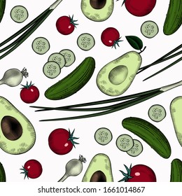 Seamless pattern background with vegetables. Green cucumber, green onion, avocado and red tomato. Vintage color engraving stylized drawing. 