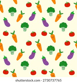 Seamless pattern background with vegetables. Seamless pattern background with various cute kawaii vegetables such as eggplant, broccoli, tomatoes, and carrots with adorable smiley faces.