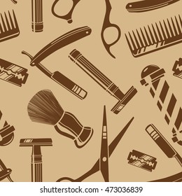 Seamless pattern background with vintage barber shop tools on beige background vector illustration