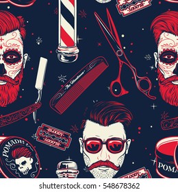 Seamless pattern background with vintage barber shop tools vector illustration
