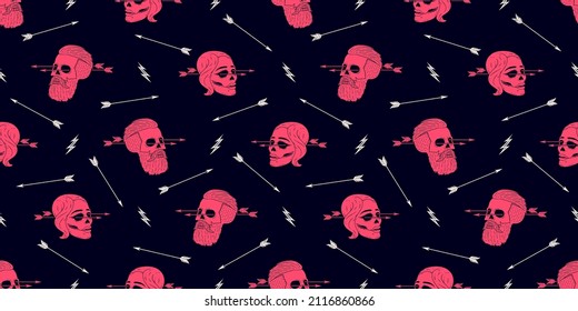 Seamless pattern background of vintage skull hipster with arrow. Graphic design for wrapping paper and fabric texture of shirt. Vector Illustration