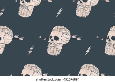 Seamless pattern background of vintage skull hipster with arrow. Graphic design for wrapping paper and fabric texture of shirt. Vector Illustration