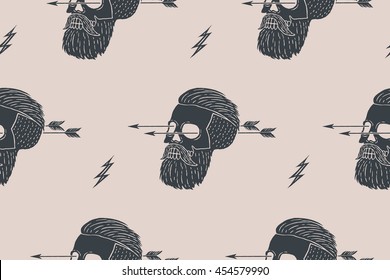 Seamless pattern background of vintage skull hipster with arrow. Graphic design for wrapping paper and fabric texture of shirt. Vector Illustration